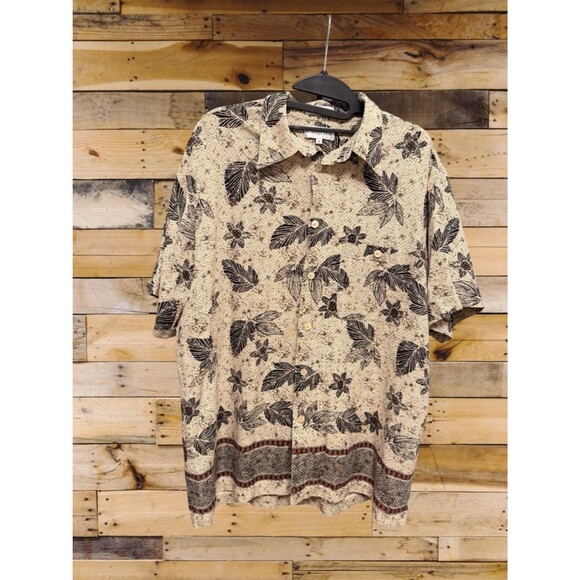 Chereskin Other - Chereskin 100% Silk Batik Tropical Camp Shirt Tan Black Border Print Men M